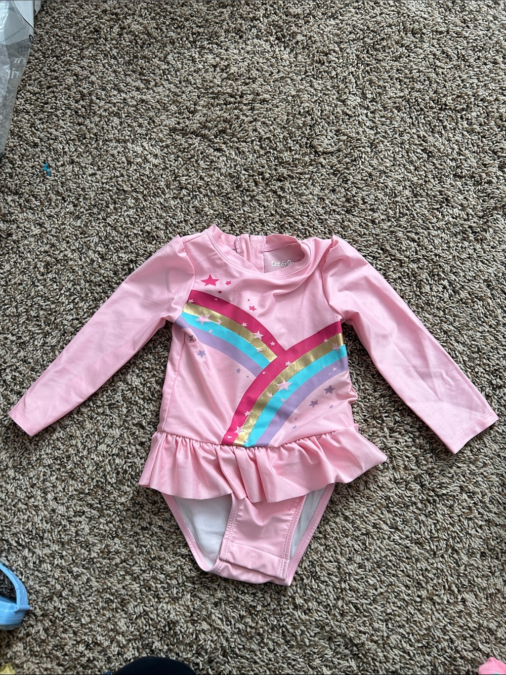 Cat & Jack Pink Long-Sleeve One-Piece Swimsuit with Rainbow